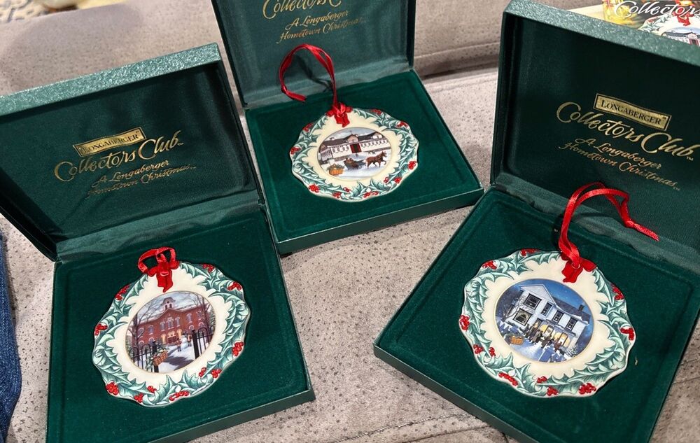Longaberger Club Christmas China Ornaments THREE Set 1996, 1997, 1999 +Case